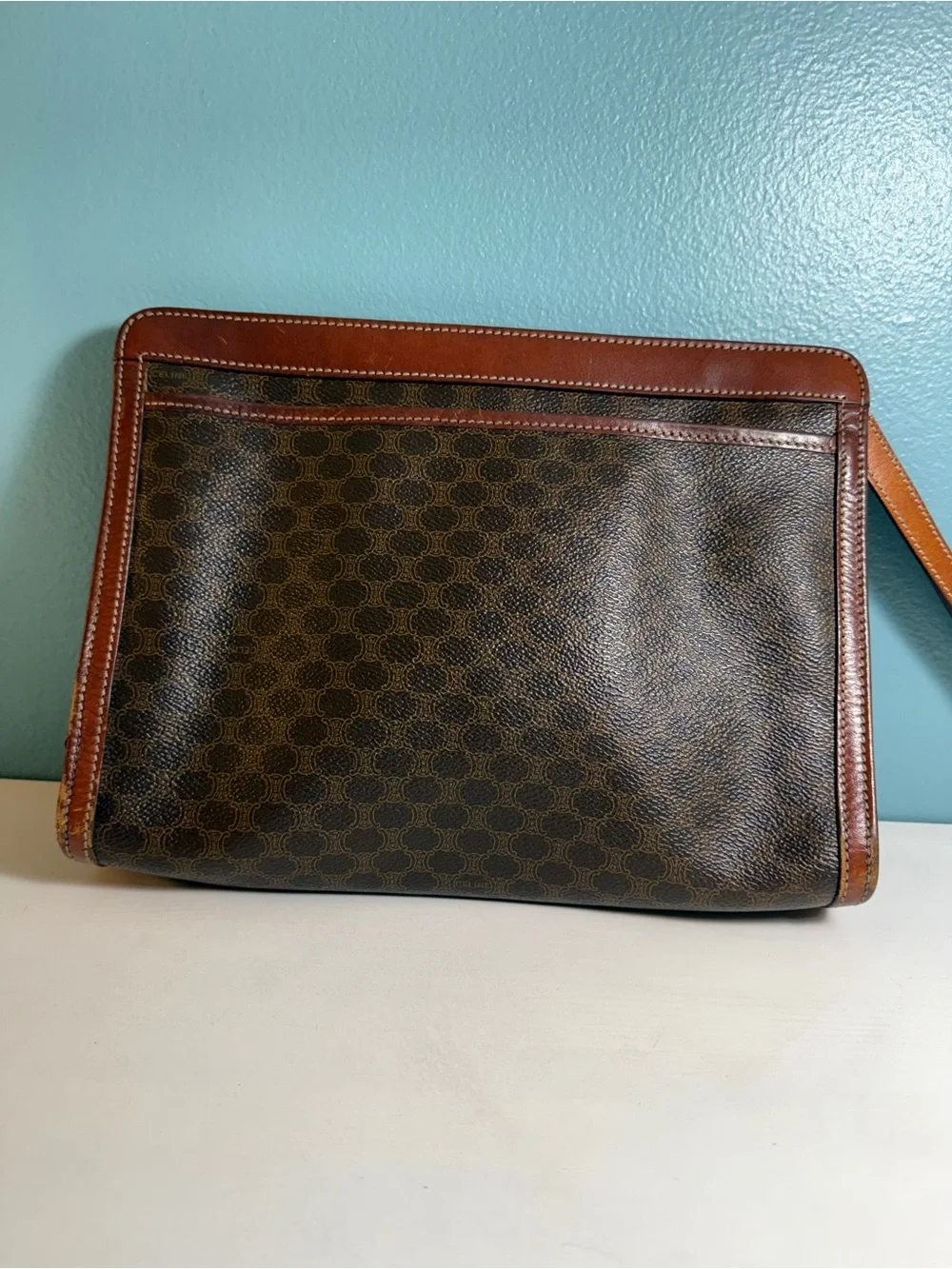CELINE Macadam Triomphe Brown Clutch Wristlet Bag Gold Hardware Vintage